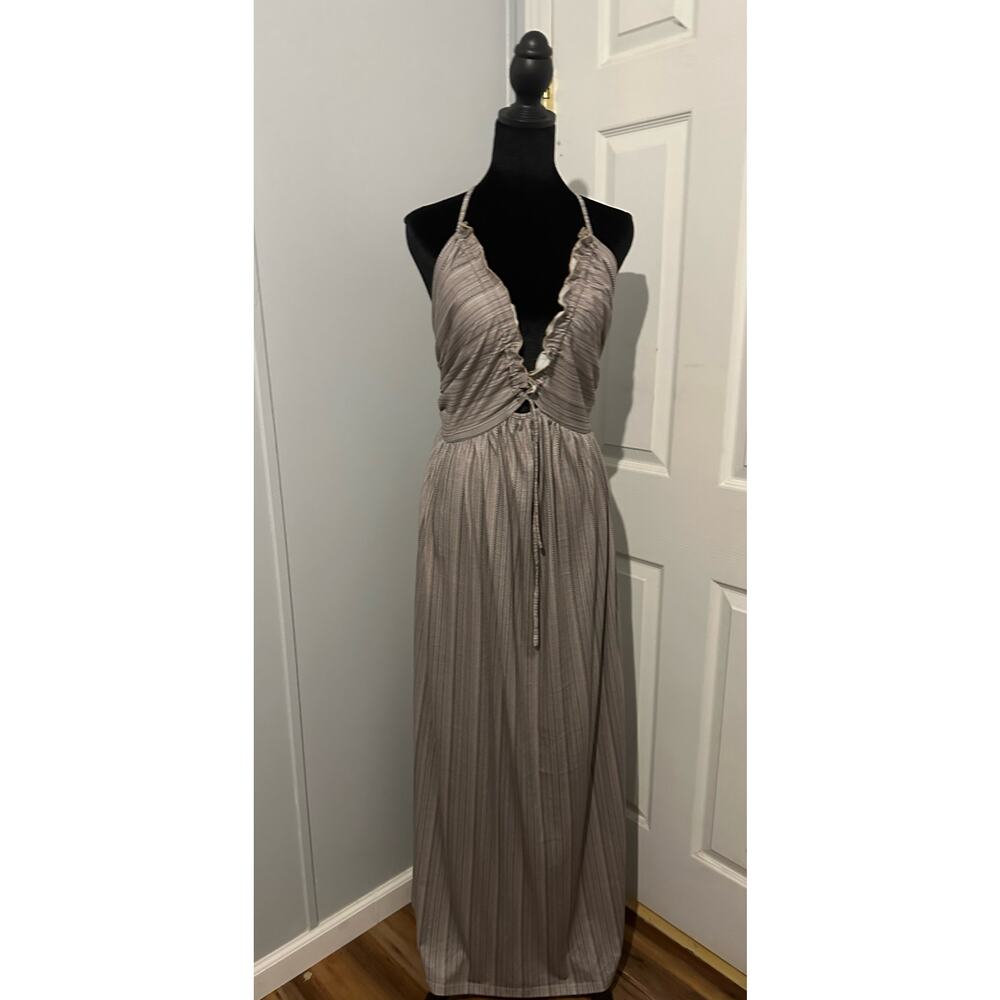 COMMENSE Backless U-Neck Halter Maxi Dress - NWOT - Beige Pinstripe